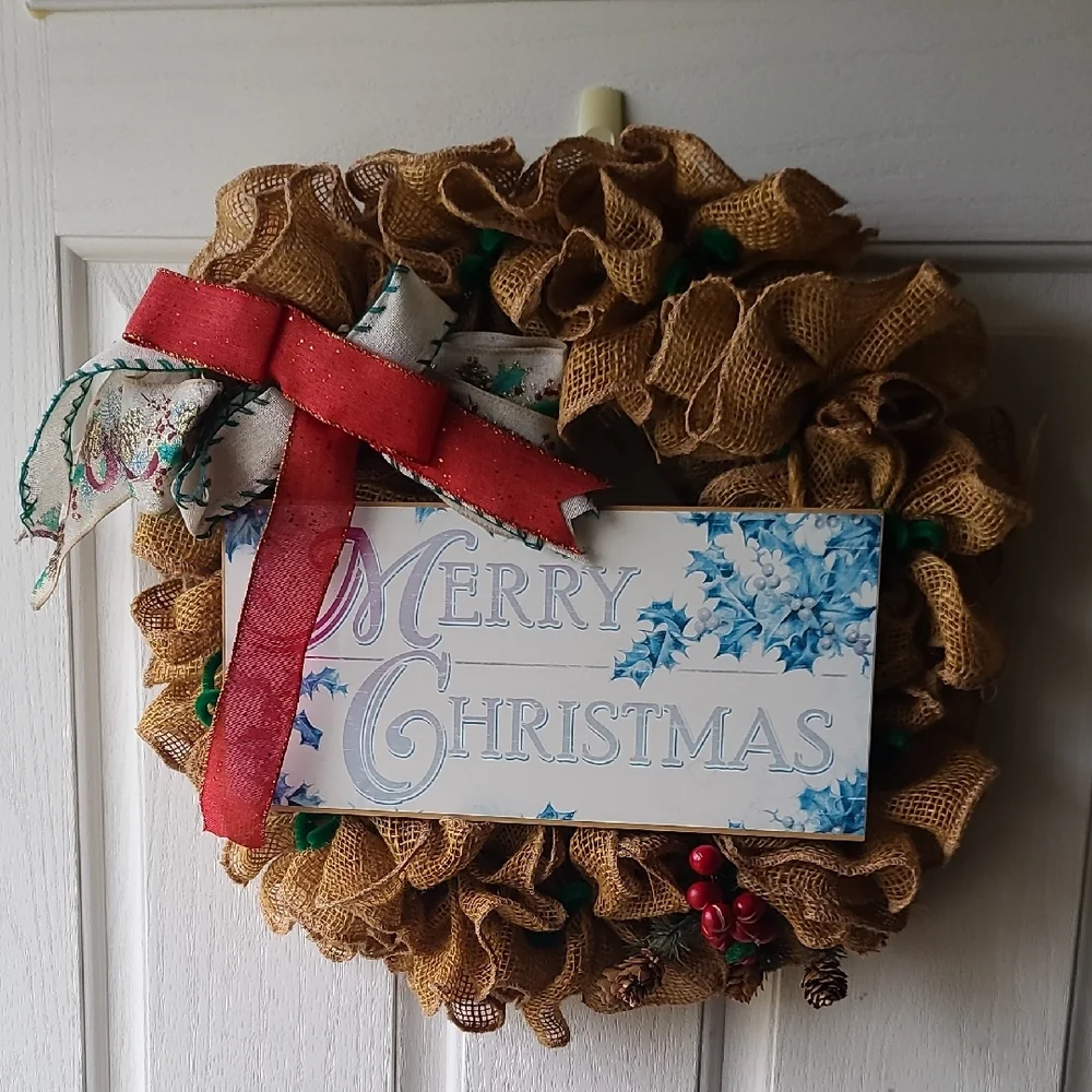 Festive Burlap Christmas Wreath with Red Bow